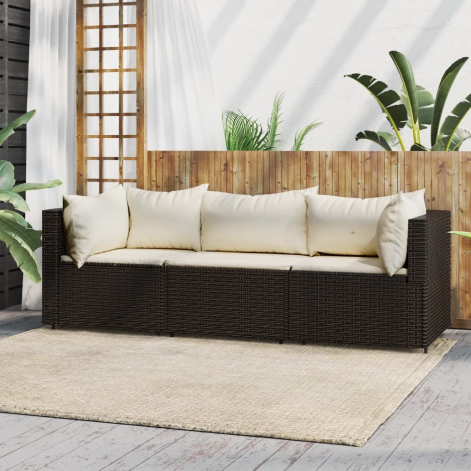 Set muebles de jardín 3 piezas y cojines ratán sintético
