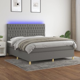 Cama box spring colchón y luces LED tela gris oscuro 160x200