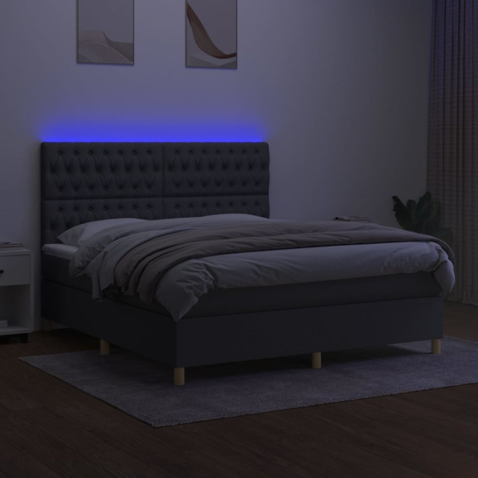 Cama box spring colchón y luces LED tela gris oscuro 160x200