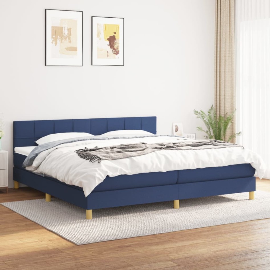 Cama box spring con colchón tela azul 200x200