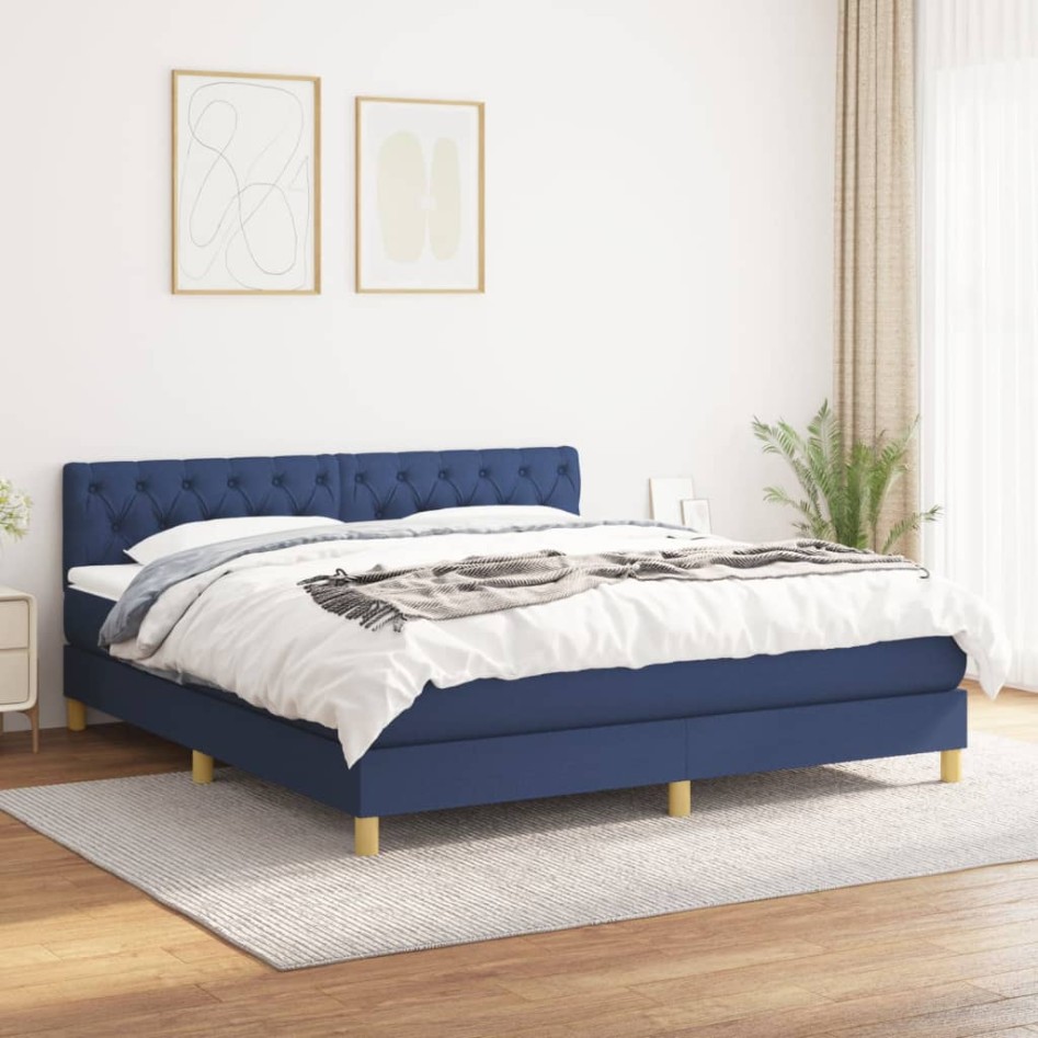 Cama box spring con colchón tela azul 160x200
