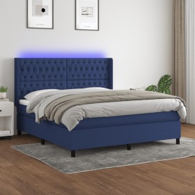 Cama box spring colchón y luces LED tela azul 160x200