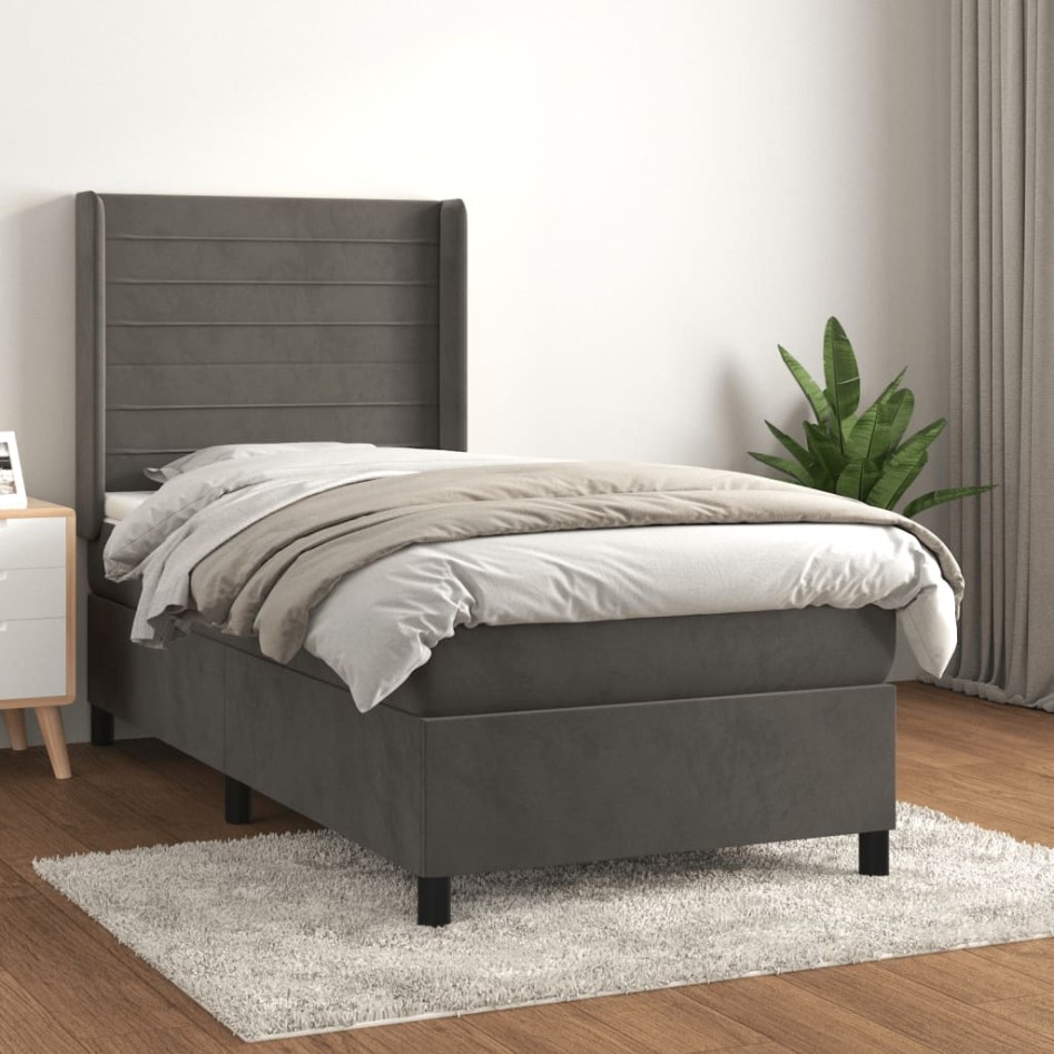 Cama box spring con colchón terciopelo gris oscuro 100x200