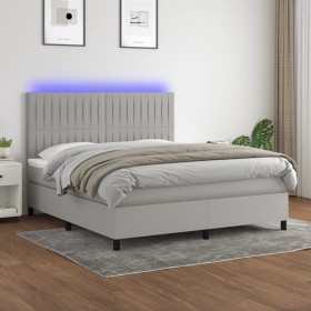 Cama box spring colchón y luces LED tela gris claro 160x200