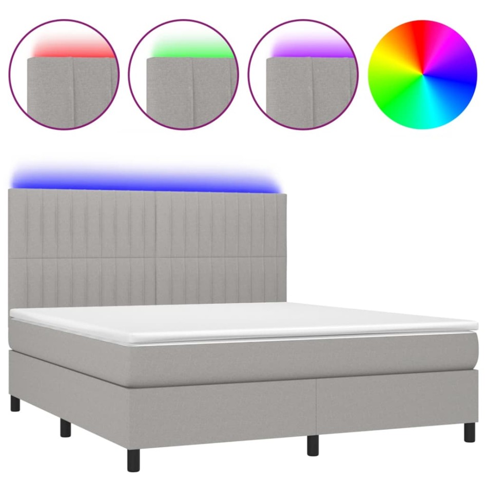 Cama box spring colchón y luces LED tela gris claro 160x200
