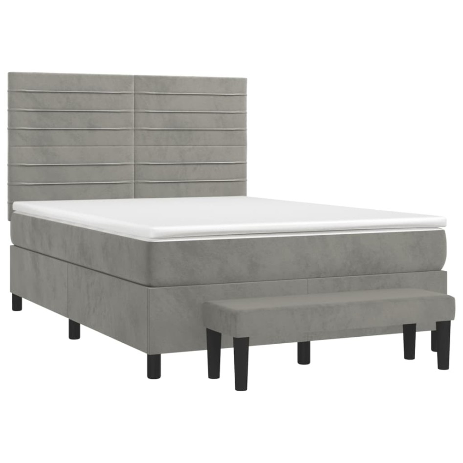 Cama box spring con colchón terciopelo gris claro 140x200