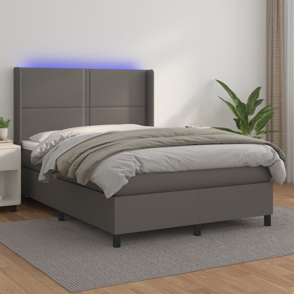 Cama box spring colchón y LED cuero sintético gris 140x200