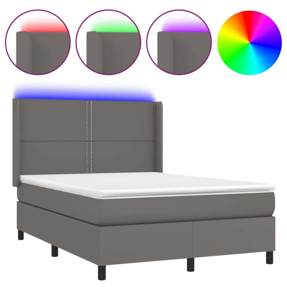 Cama box spring colchón y LED cuero sintético gris 140x200