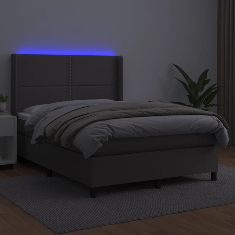 Cama box spring colchón y LED cuero sintético gris 140x200