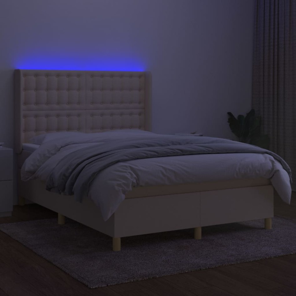 Cama box spring colchón y luces LED tela crema 140x190