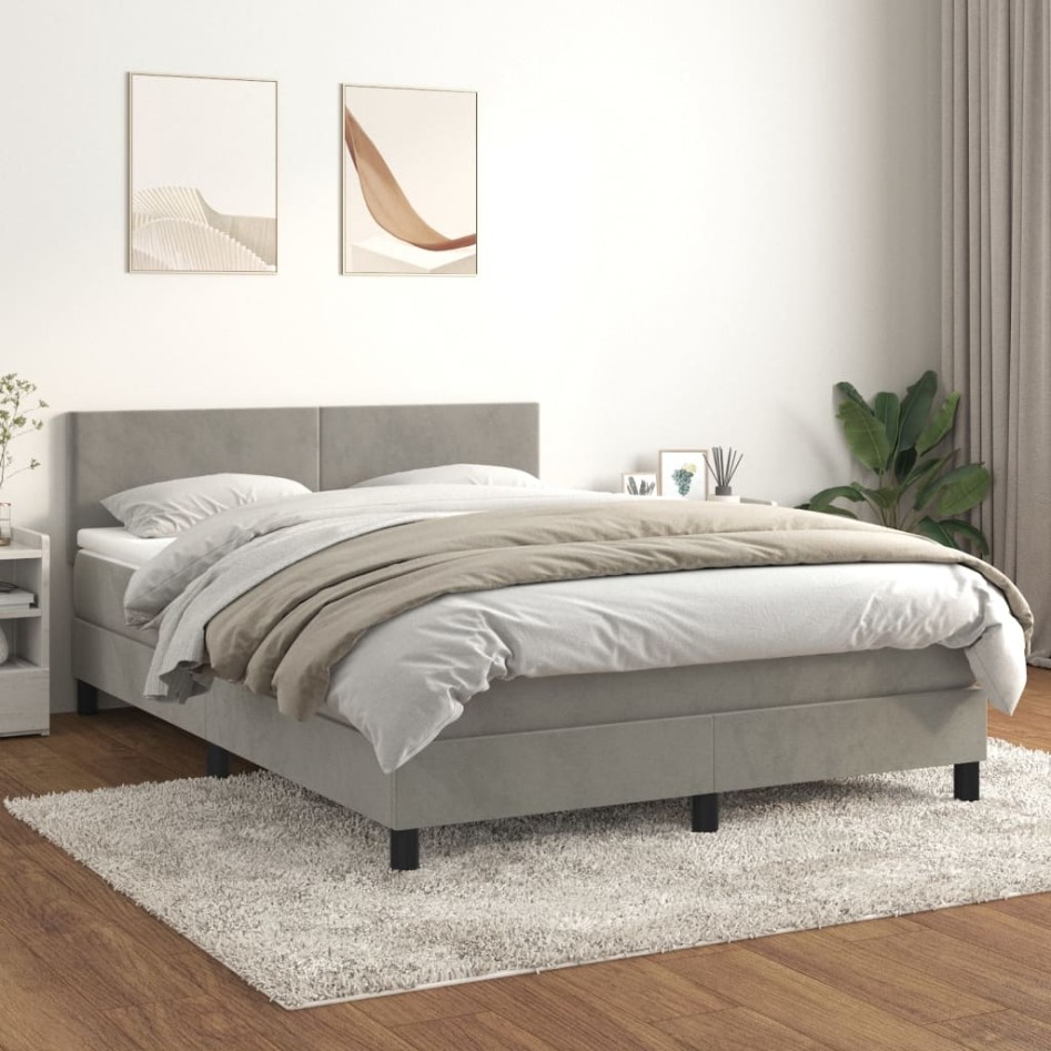 Cama box spring con colchón terciopelo gris claro 140x200