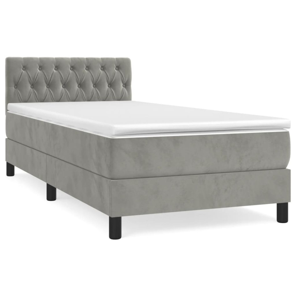 Cama box spring con colchón terciopelo gris claro 90x190