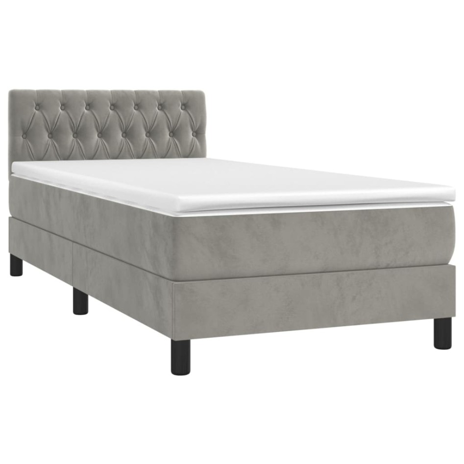 Cama box spring con colchón terciopelo gris claro 90x190