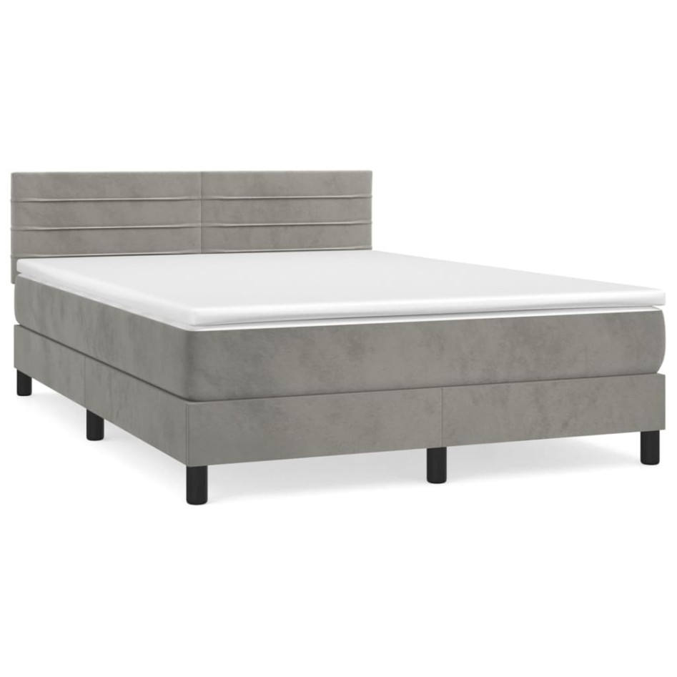 Cama box spring con colchón terciopelo gris claro 140x200
