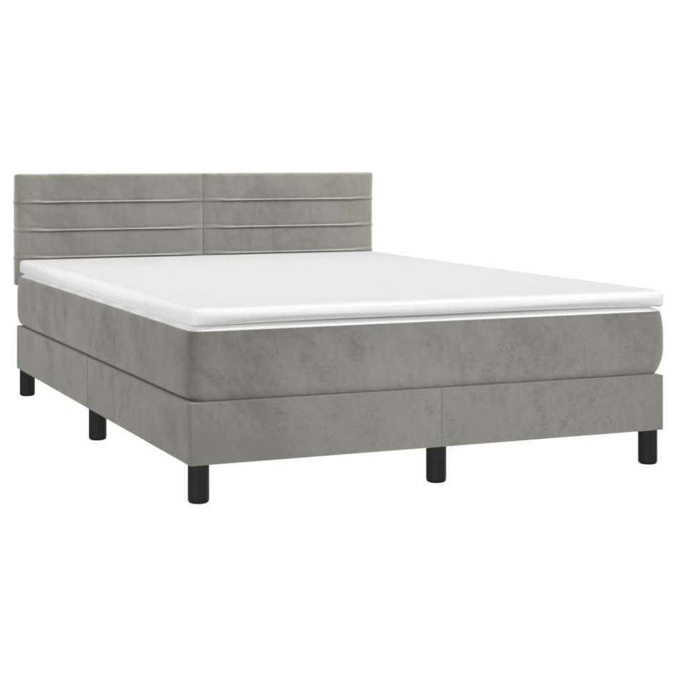 Cama box spring con colchón terciopelo gris claro 140x200