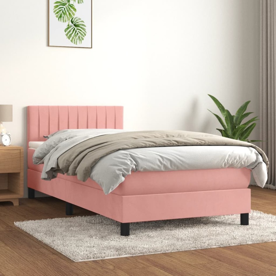 Cama box spring con colchón terciopelo rosa 90x190