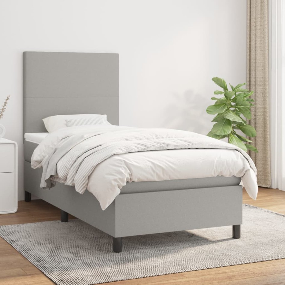 Cama box spring con colchón tela gris claro 100x200