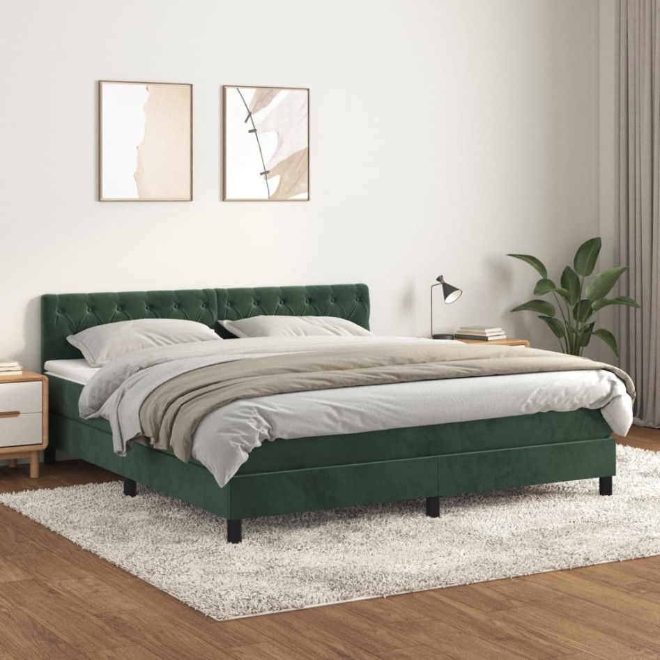 Cama box spring con colchón terciopelo verde oscuro 160x200