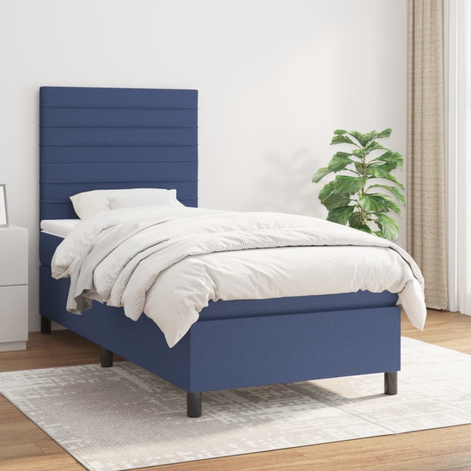 Cama box spring con colchón tela azul 90x190