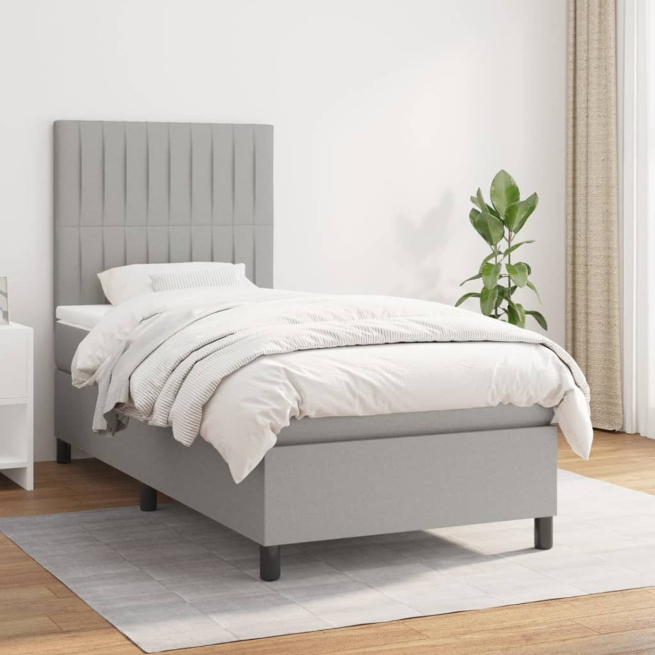 Cama box spring con colchón tela gris claro 90x200
