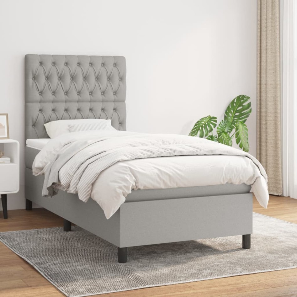 Cama box spring con colchón tela gris claro 90x200