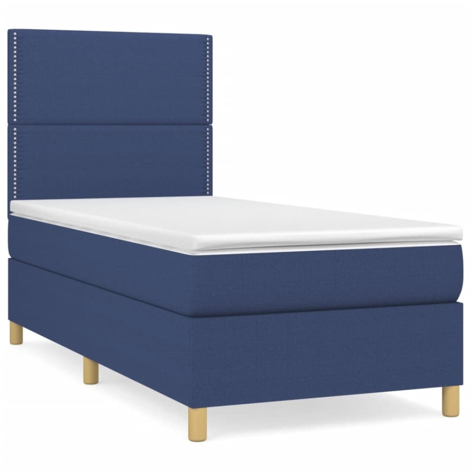Cama box spring con colchón tela azul 90x190