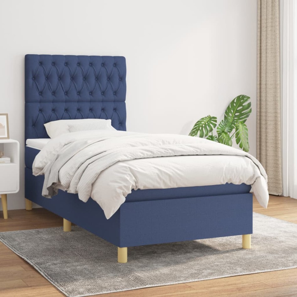 Cama box spring con colchón tela azul 100x200