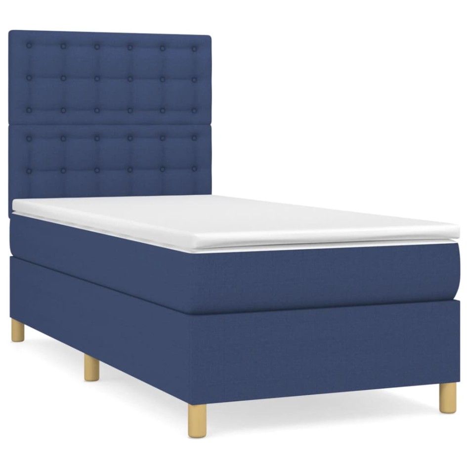 Cama box spring con colchón tela azul 90x190