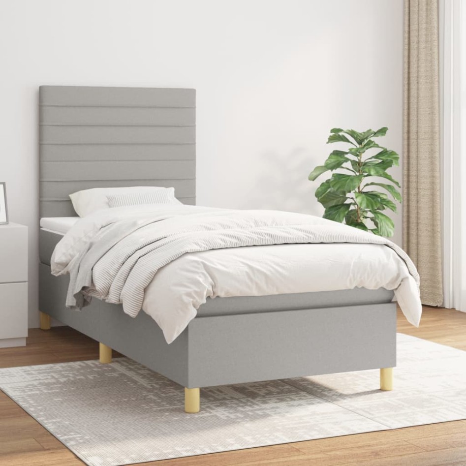 Cama box spring con colchón tela gris claro 100x200