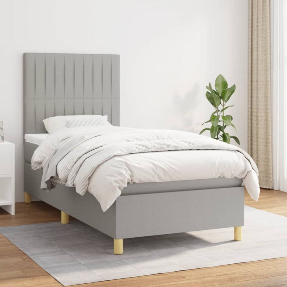 Cama box spring con colchón tela gris claro 90x190