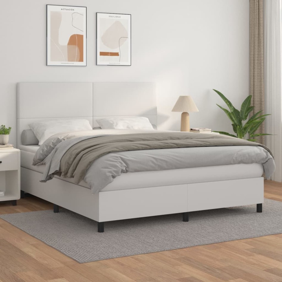 Cama box spring con colchón cuero sintético blanco 160x200