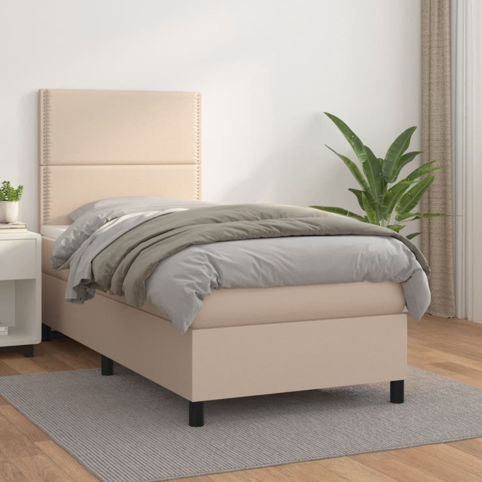 Cama box spring con colchón cuero sintético capuchino
