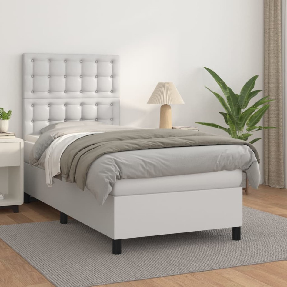 Cama box spring con colchón cuero sintético blanco 90x190