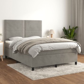 Cama box spring con colchón terciopelo gris claro 140x200