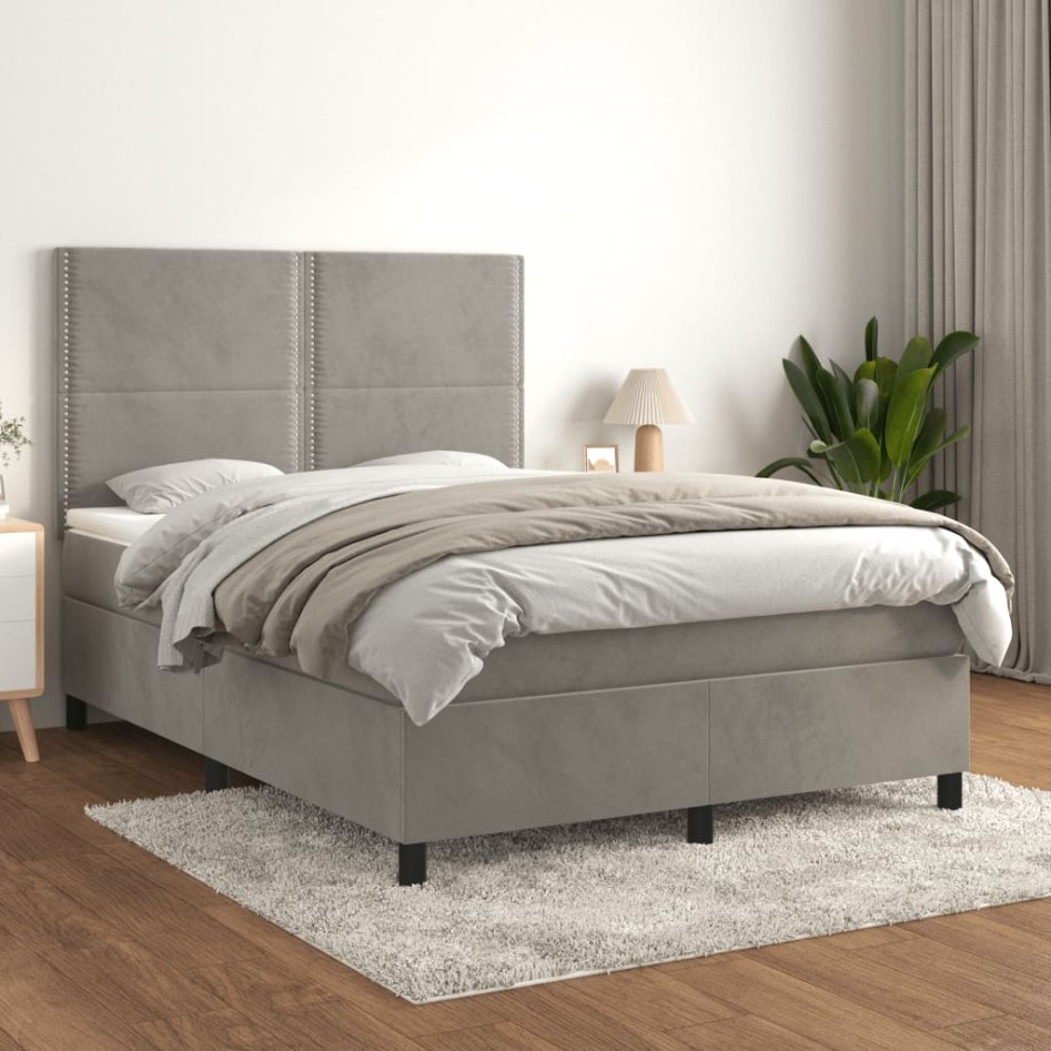 Cama box spring con colchón terciopelo gris claro 140x200