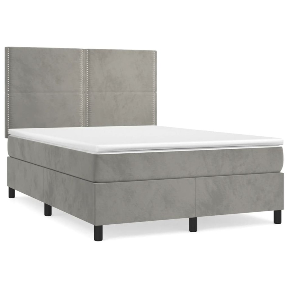 Cama box spring con colchón terciopelo gris claro 140x200