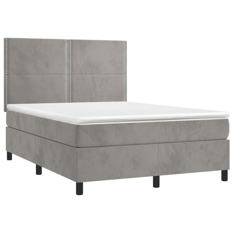 Cama box spring con colchón terciopelo gris claro 140x200