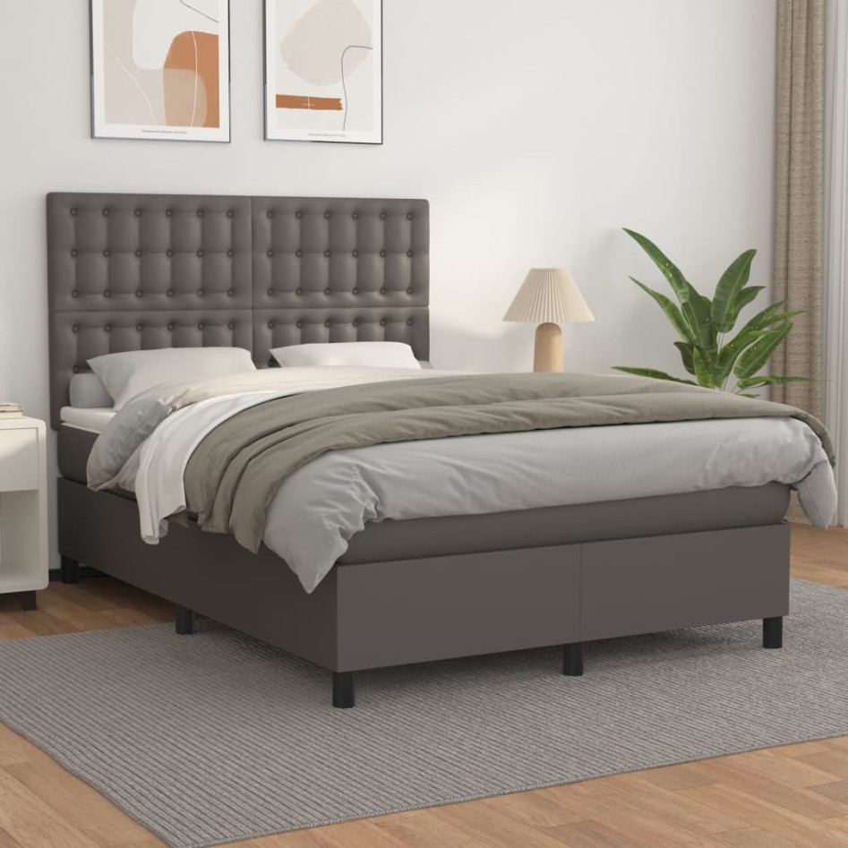 Cama box spring con colchón cuero sintético gris 140x190