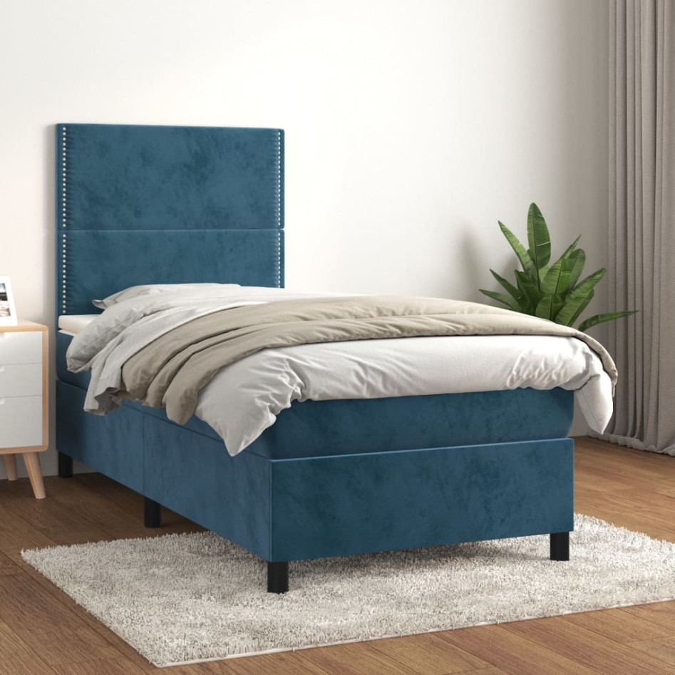 Cama box spring con colchón terciopelo azul oscuro 80x200