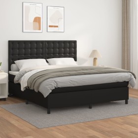 Cama box spring con colchón cuero sintético negro 180x200