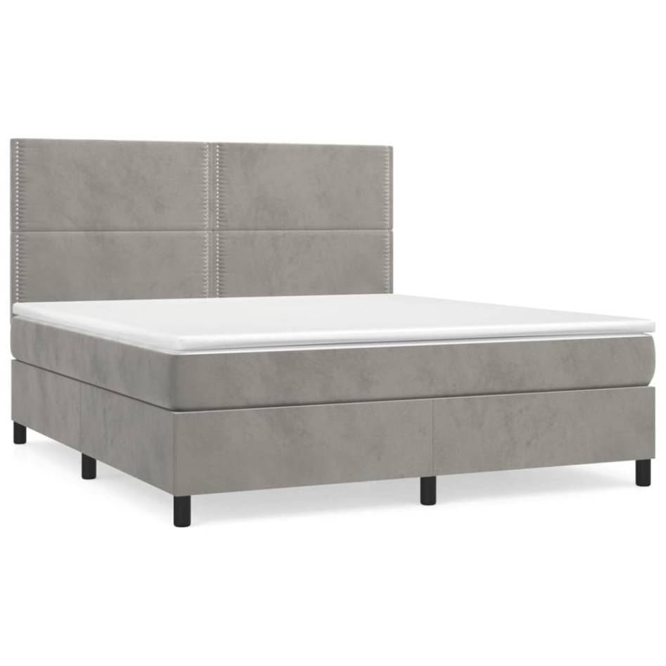 Cama box spring con colchón terciopelo gris claro 160x200