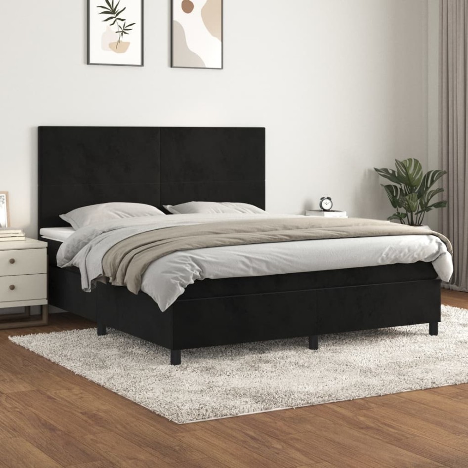 Cama box spring con colchón terciopelo negro 180x200