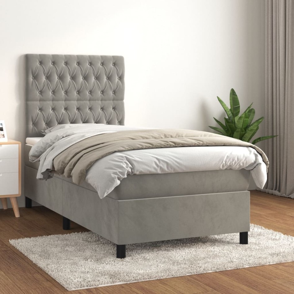 Cama box spring con colchón terciopelo gris claro 90x190