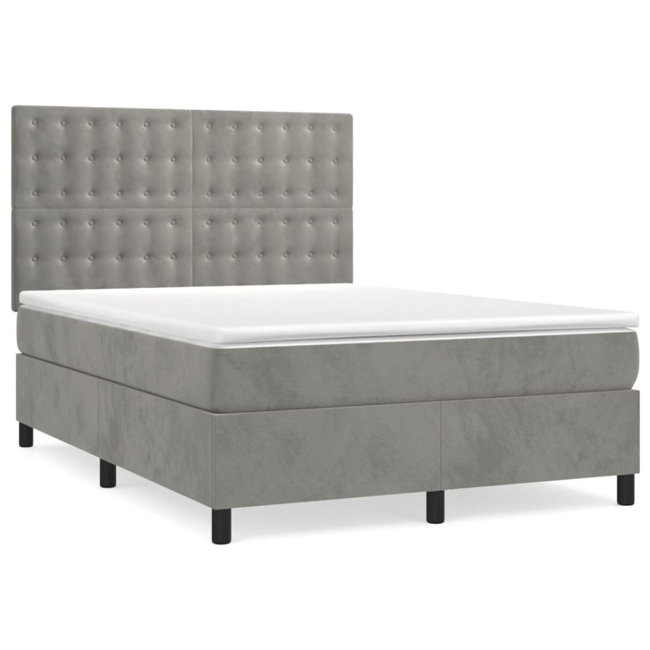 Cama box spring con colchón terciopelo gris claro 140x200