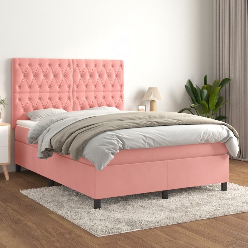 Cama box spring con colchón terciopelo rosa 140x200