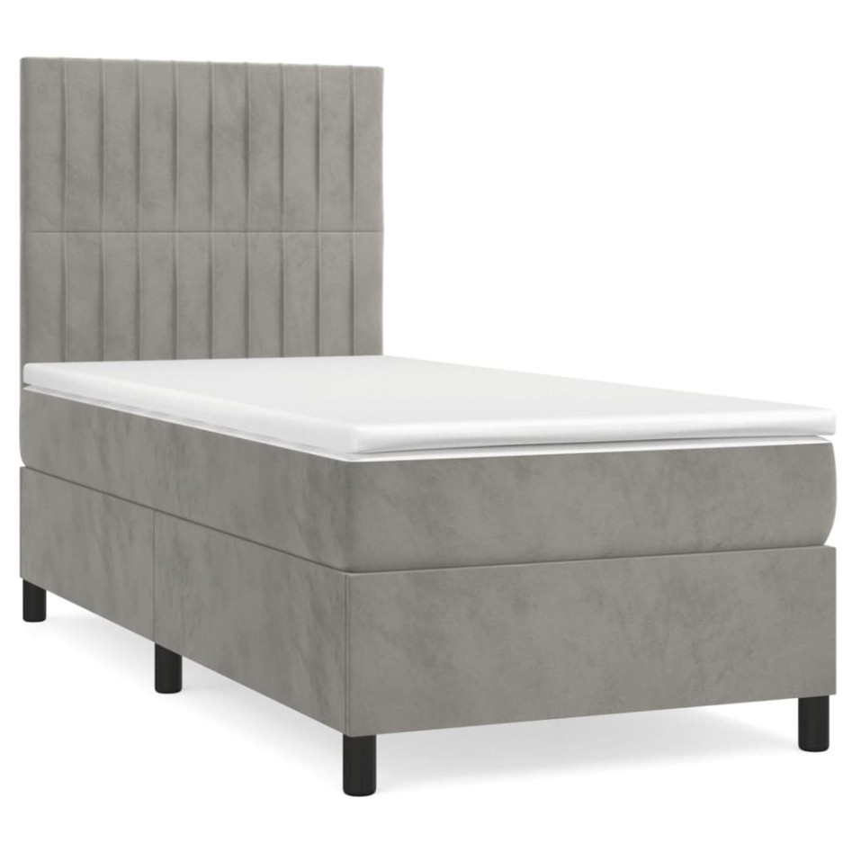 Cama box spring con colchón terciopelo gris claro 80x200