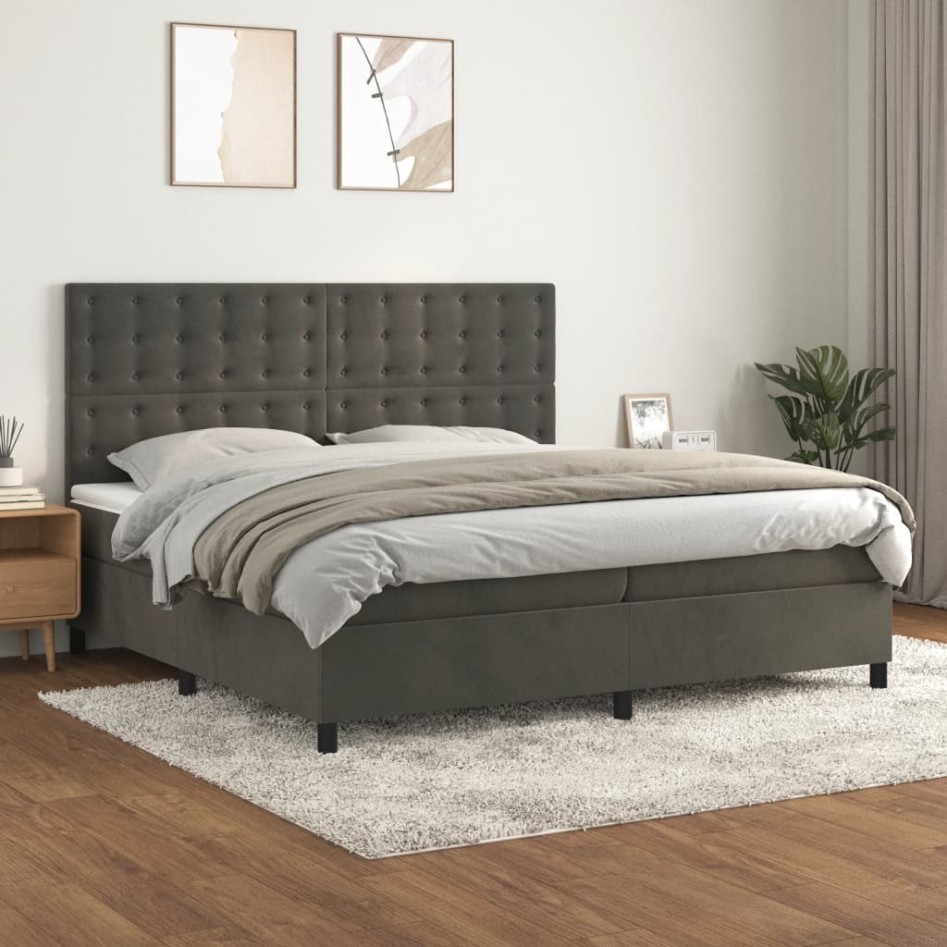 Cama box spring con colchón terciopelo gris oscuro 200x200
