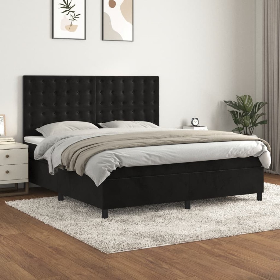 Cama box spring con colchón terciopelo negro 160x200