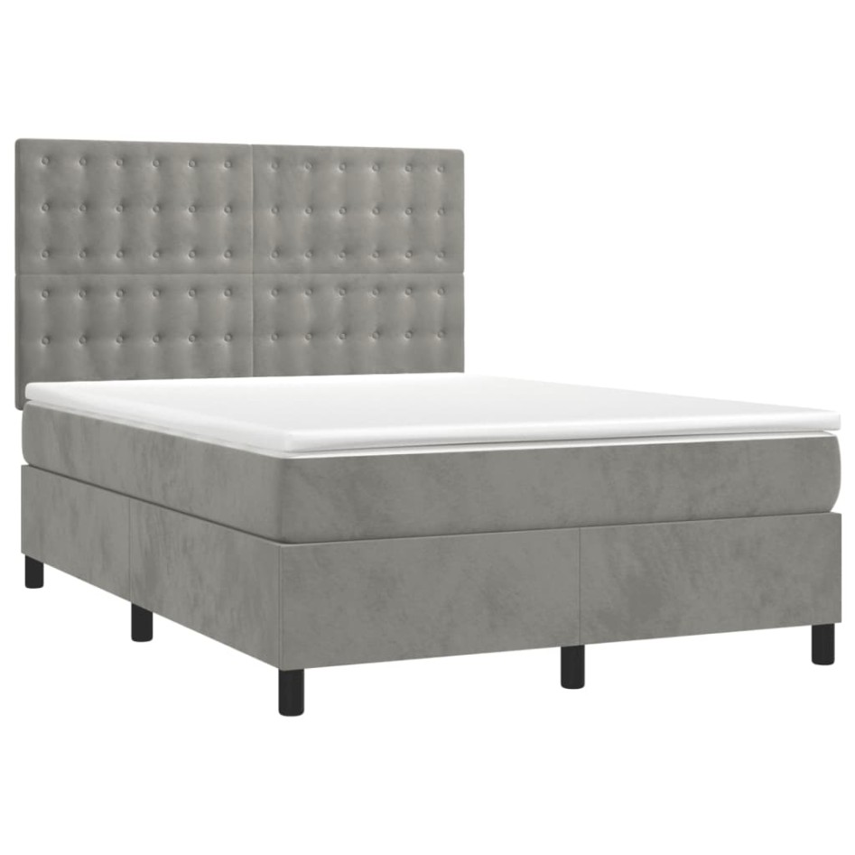 Cama box spring con colchón terciopelo gris claro 140x190