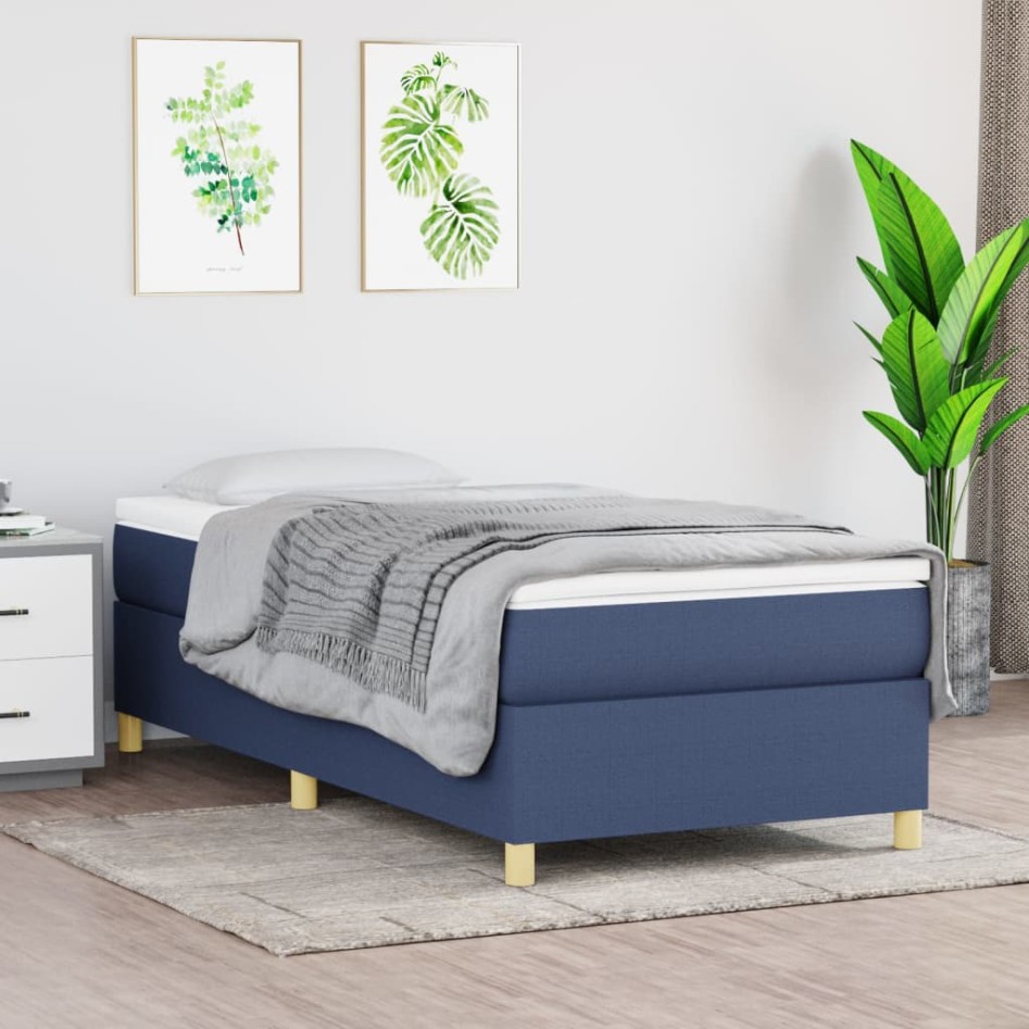 Cama box spring con colchón tela azul 90x190